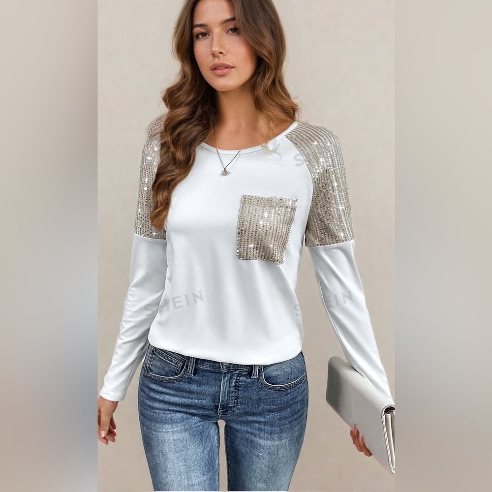 White/Gold Sequin-Embellished Raglan Sleeve Tee